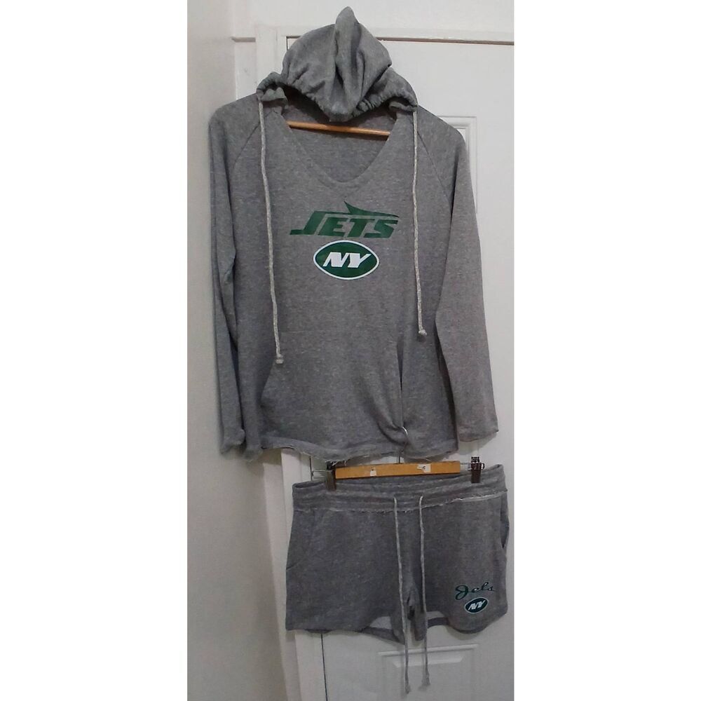 New york jets womens medium sweatshirt hoodie shorts set gray and green